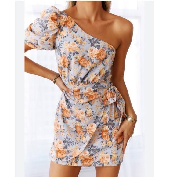 Hello Molly NEW Size 10 Flowers of the Sun Mini Dress Blue Orange One Shoulder - Picture 5 of 10